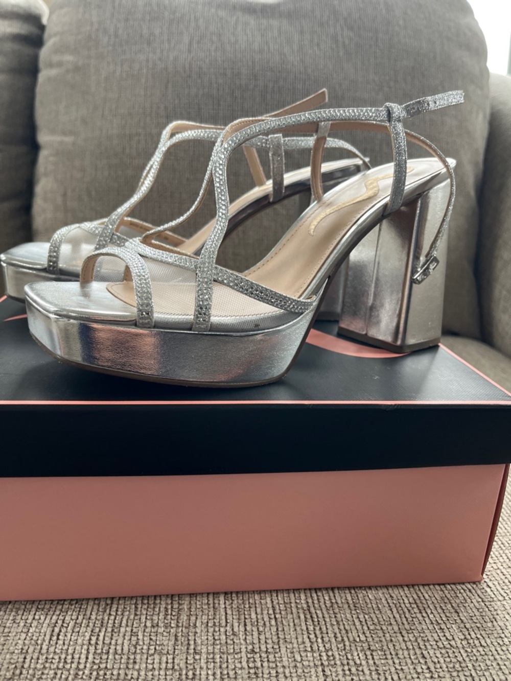 Nina Silver Glitter Platform Strappy Block Heels